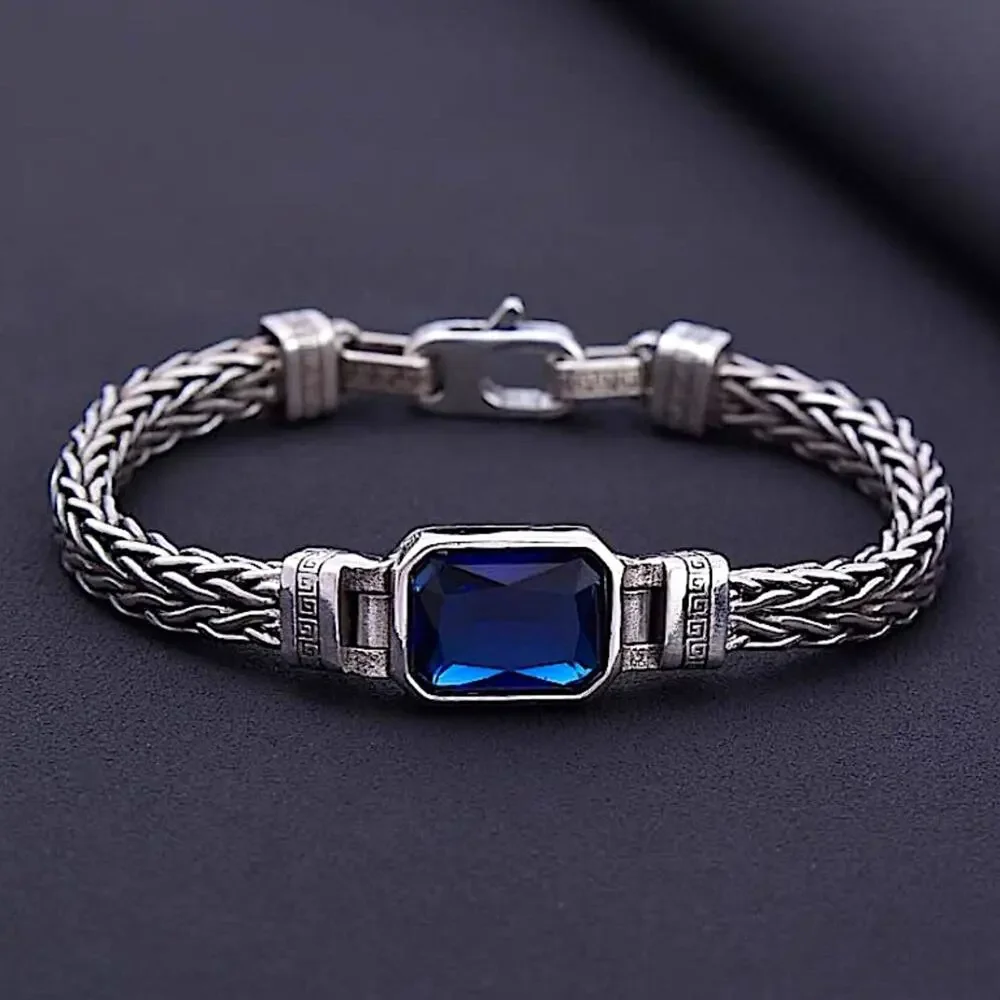 Sterling Silver Blue Zircon Braided Bracelet, Unisex, Handmade